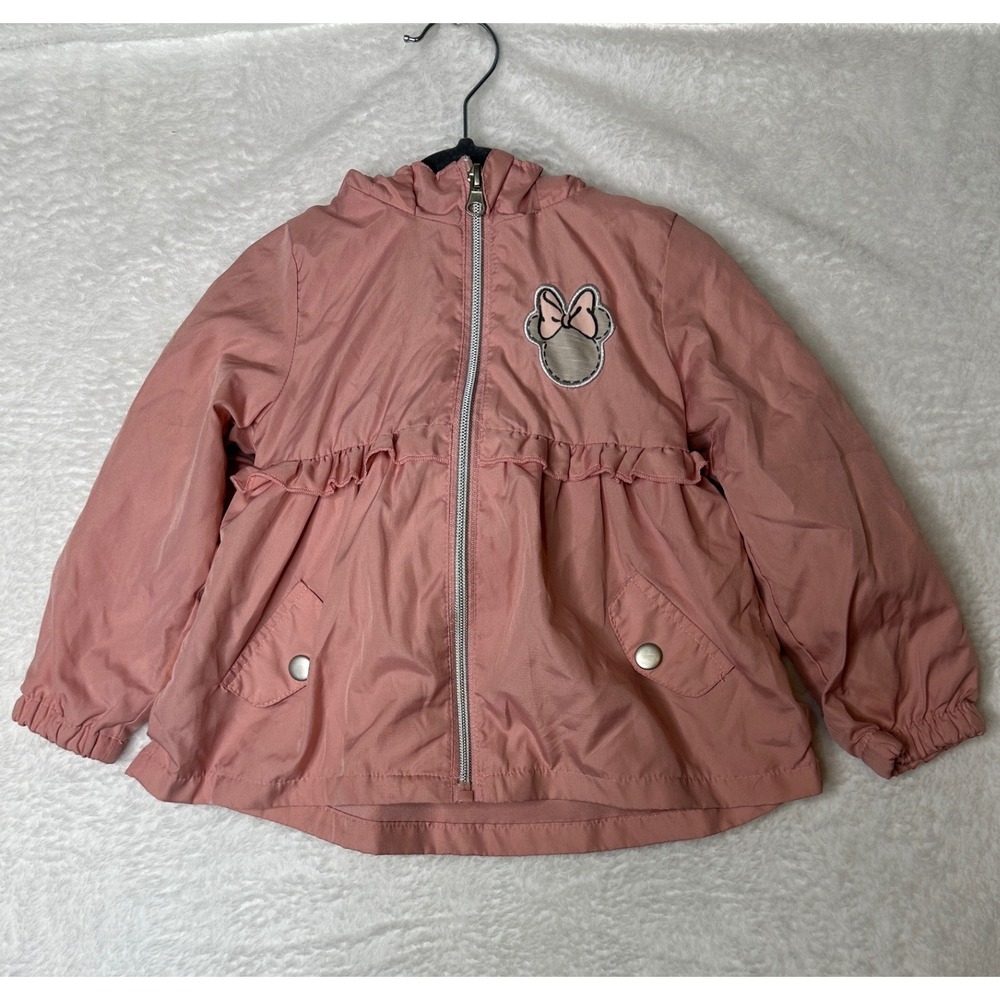Disney Minnie Mouse Jacket Girls 3T Pink Hooded Ruffle Windbreaker 3D Bow